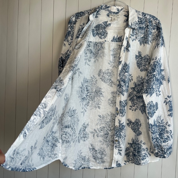 Rachel Zoe size L long sleeve button up shirt 100% linen white blue floral - Picture 10 of 12